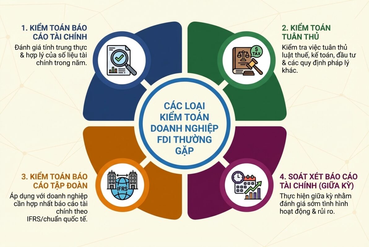 Infographic các loại kiểm toán doanh nghiệp FDI thường gặp: Kiểm toán báo cáo tài chính, kiểm toán tuân thủ, kiểm toán báo cáo tập đoàn, soát xét báo cáo tài chính.
