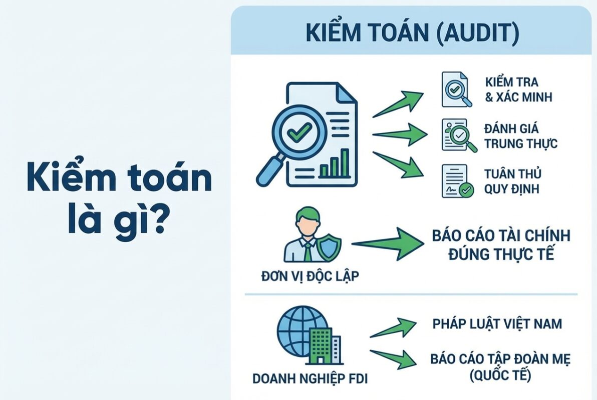 Infographic minh họa khái niệm Kiểm toán (Audit) là quá trình kiểm tra, xác minh và đánh giá tính trung thực của báo cáo tài chính bởi đơn vị độc lập, đặc biệt là đối với doanh nghiệp FDI tuân thủ pháp luật Việt Nam và chuẩn mực quốc tế.
