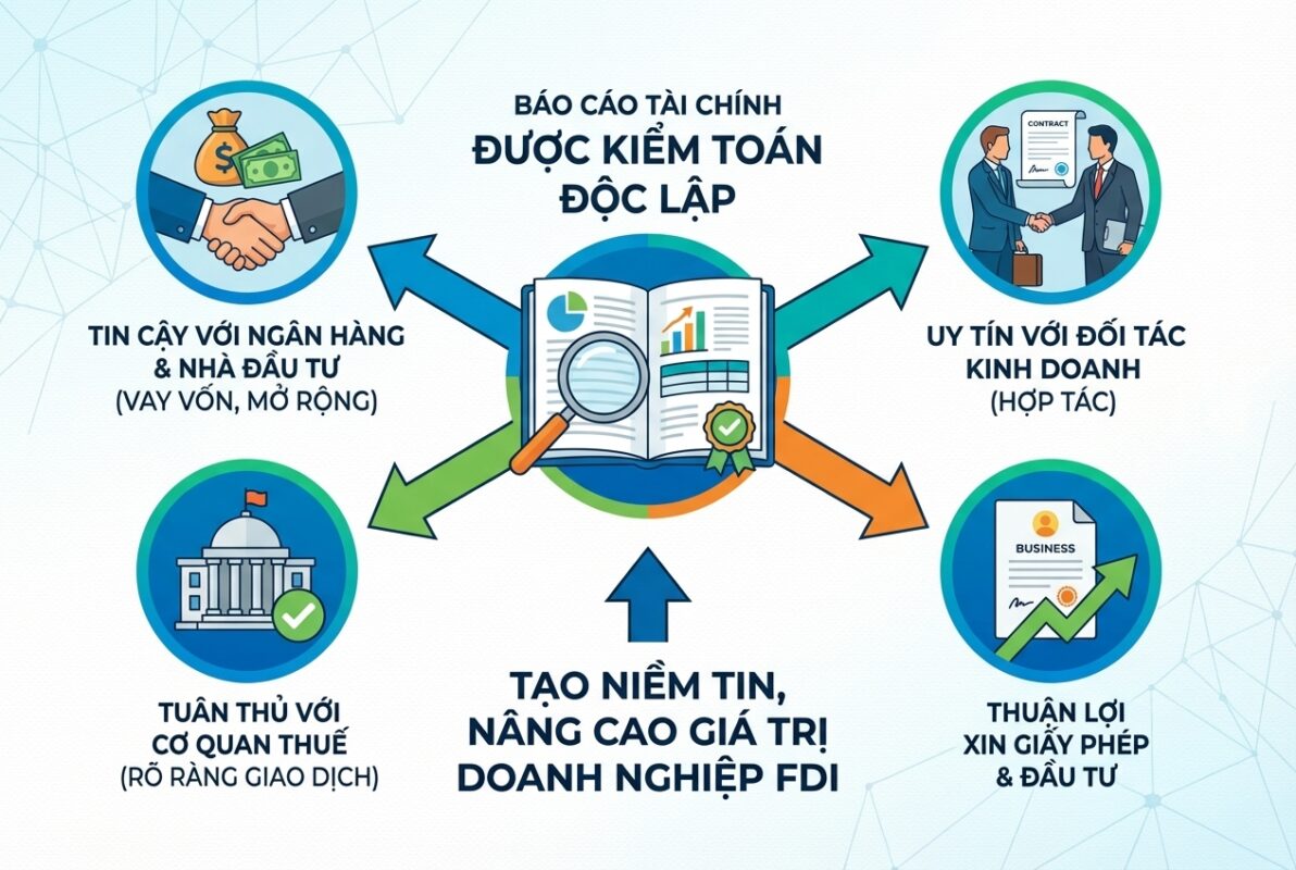 Kiểm toán độc lập giúp tăng tính minh bạch và độ tin cậy của báo cáo tài chính FDI trước đối tác và ngân hàng.