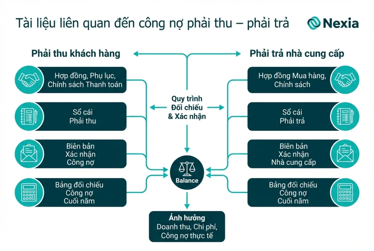 Bảng đối chiếu công nợ và biên bản xác nhận công nợ cuối năm với đối tác.