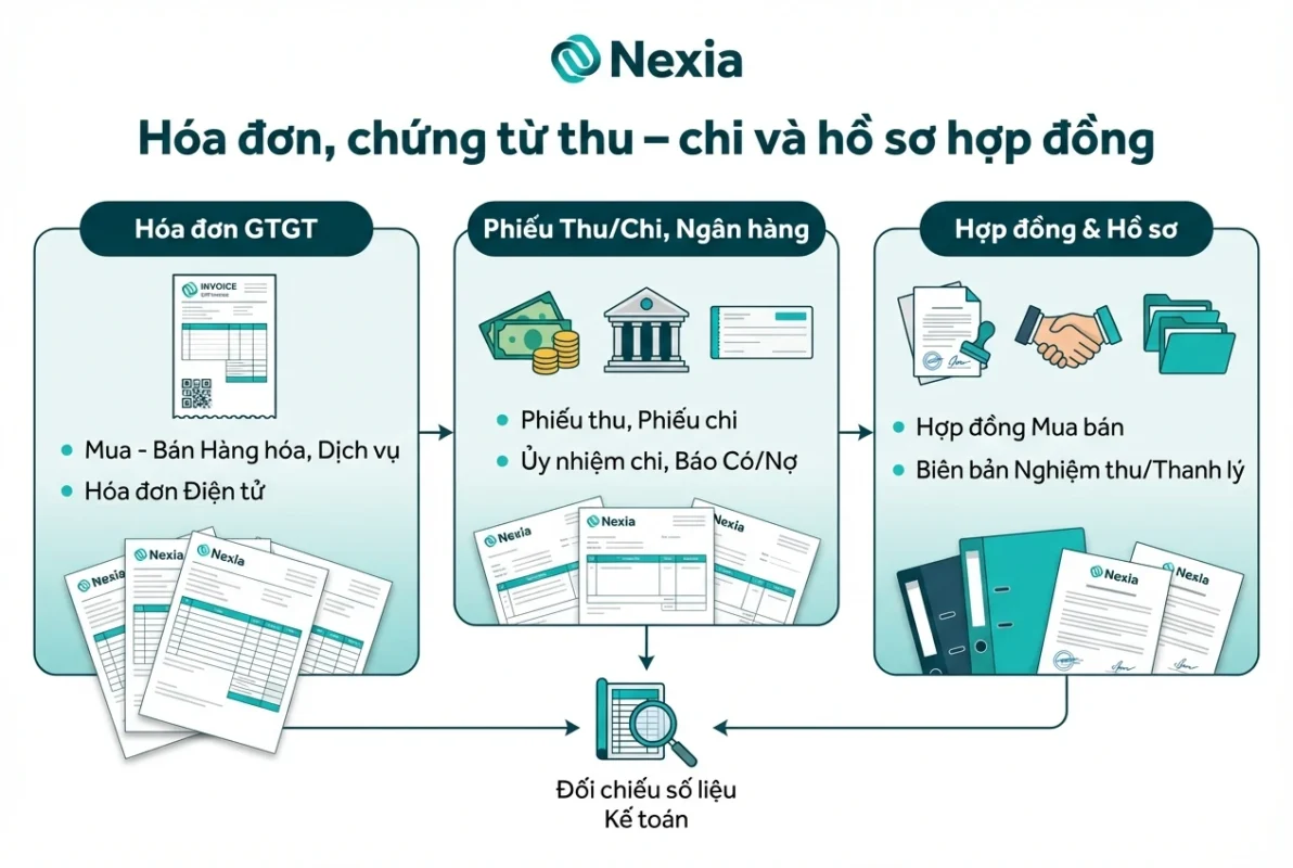 Các loại hóa đơn GTGT, phiếu thu chi và hợp đồng kinh tế phục vụ công tác kiểm toán.