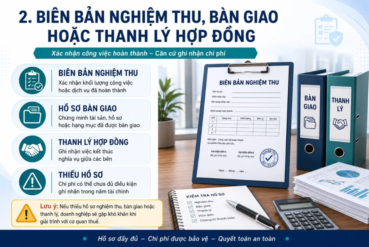 Biên bản nghiệm thu bàn giao hoặc thanh lý hợp đồng giúp doanh nghiệp có căn cứ ghi nhận chi phí