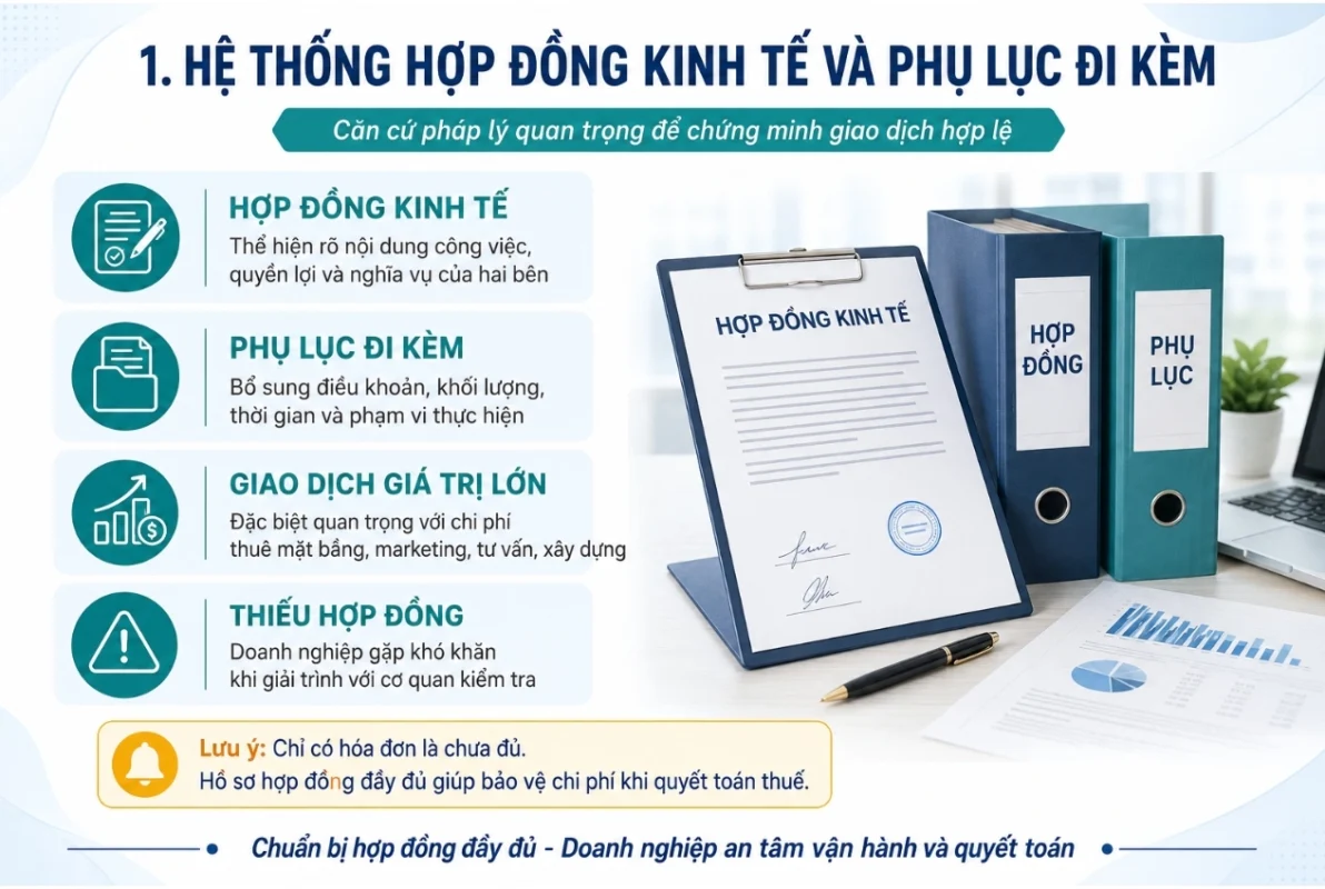 Hệ thống hợp đồng kinh tế và phụ lục đi kèm giúp chứng minh giao dịch hợp lệ khi quyết toán thuế