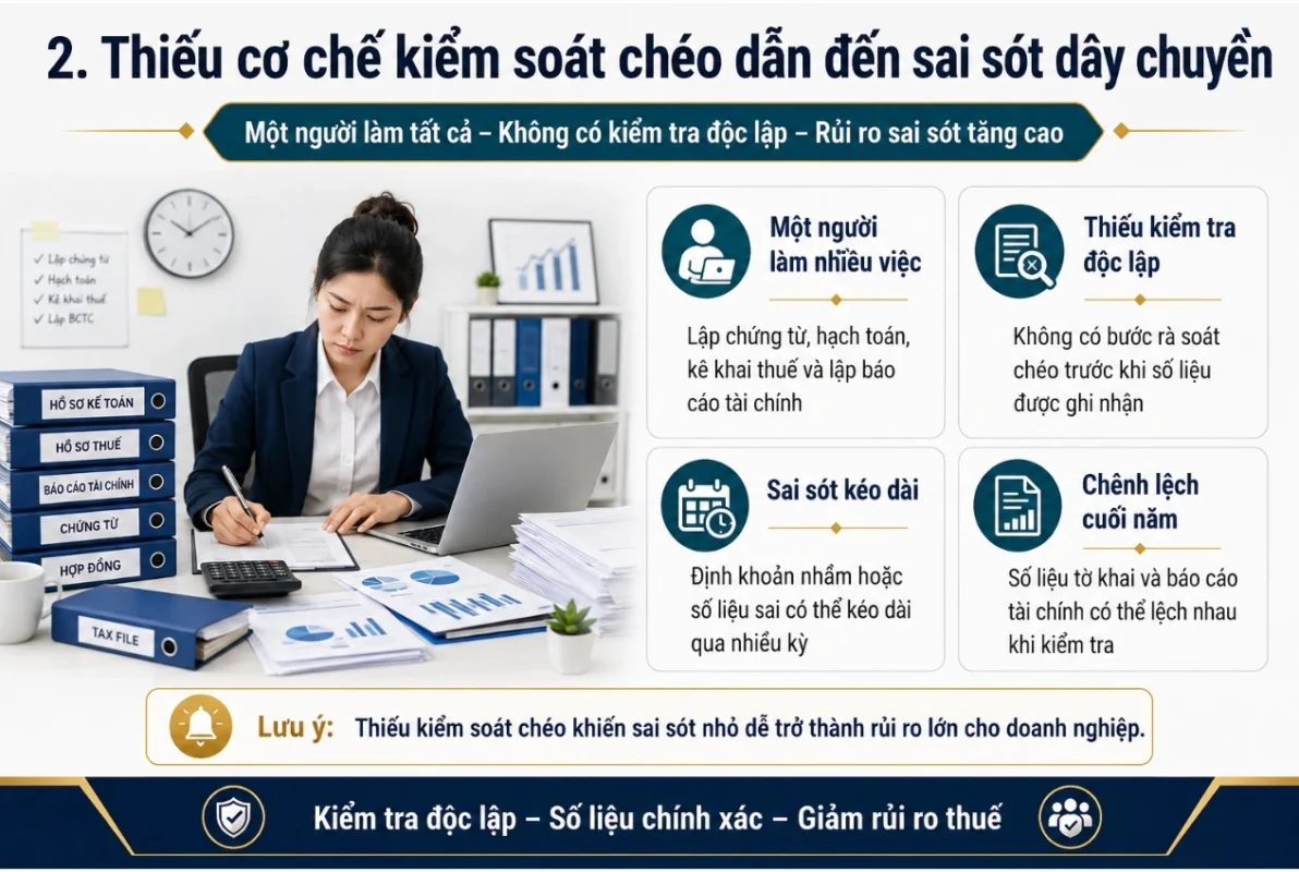Thiếu cơ chế kiểm soát chéo dẫn đến sai sót dây chuyền trong sổ sách kế toán doanh nghiệp