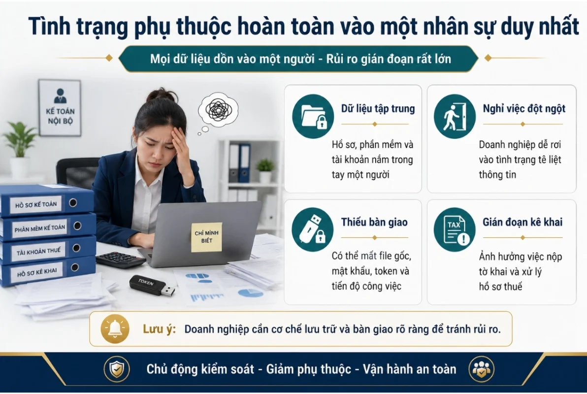 Tình trạng phụ thuộc hoàn toàn vào một nhân sự kế toán duy nhất gây rủi ro cho doanh nghiệp