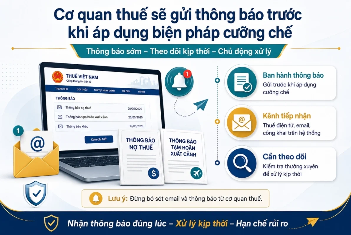 Cơ quan thuế gửi thông báo trước khi áp dụng biện pháp cưỡng chế tạm hoãn xuất cảnh