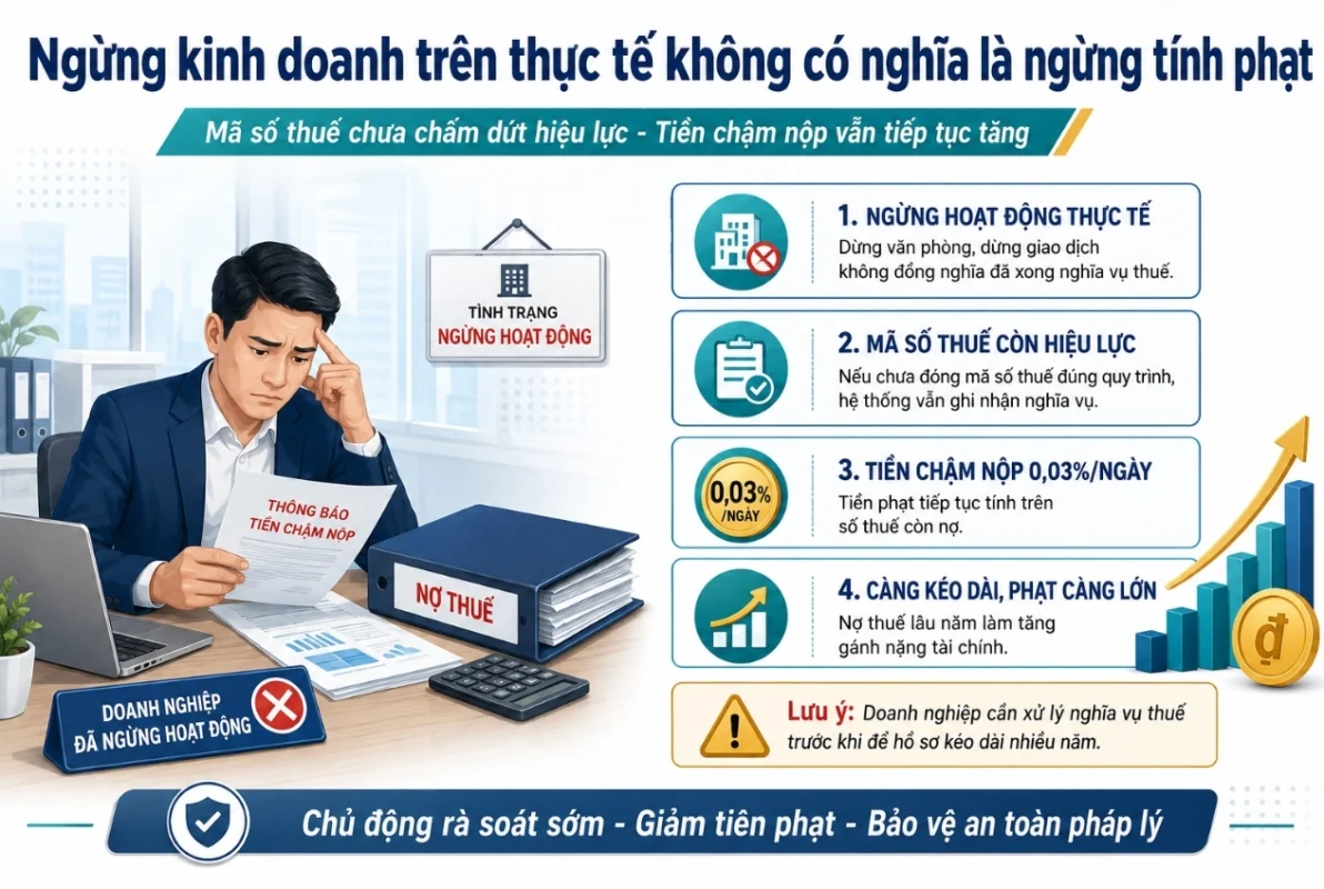 Ngừng kinh doanh trên thực tế không có nghĩa là doanh nghiệp được ngừng tính tiền phạt thuế
